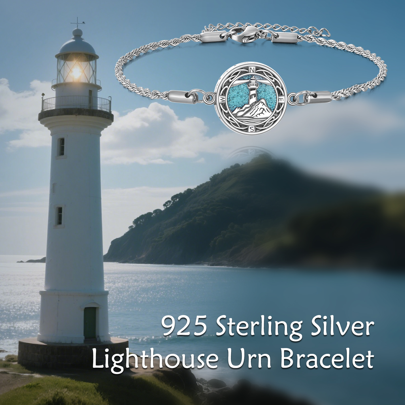 925 Sterling Silver Lighthouse Urn Bracelet with Synthetic Turquoise